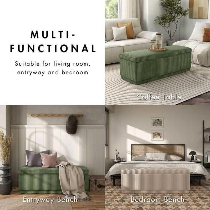 Informational image of the multi-functional design of a modern tufted green chenille rectangular storage bench