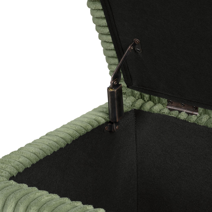 Left facing close up of the open top and hinge of a modern tufted green chenille rectangular storage bench on a white background