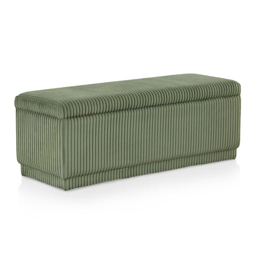 Right facing modern tufted green chenille rectangular storage bench on a white background