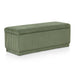 Right facing modern tufted green chenille rectangular storage bench on a white background