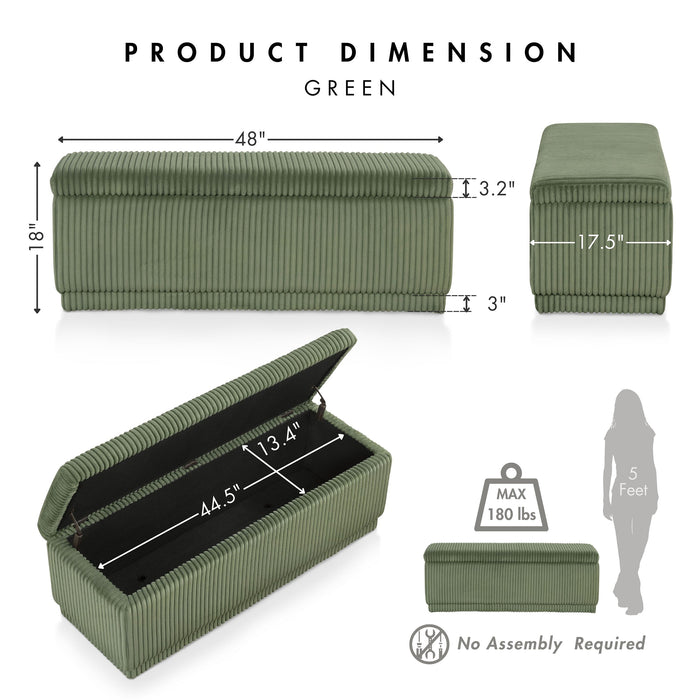 Informational image of the dimensions of a modern tufted green chenille rectangular storage bench
