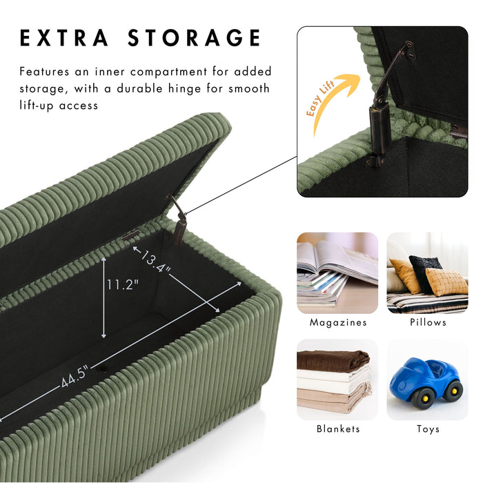 Informational image of the rectangular storage space of a modern tufted green chenille rectangular storage bench