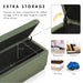 Informational image of the rectangular storage space of a modern tufted green chenille rectangular storage bench
