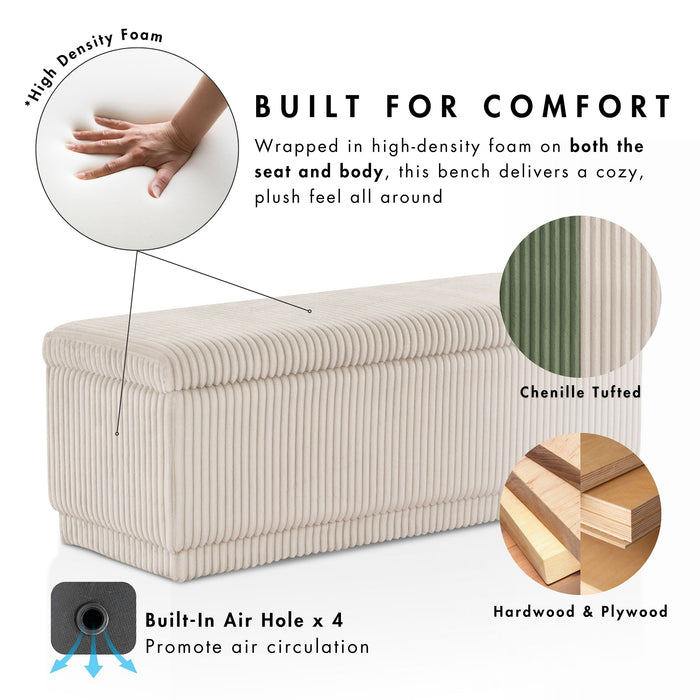 Informational image of the comfort and features of a modern tufted green chenille rectangular storage bench