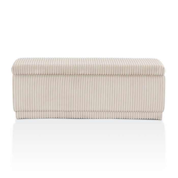 Front facing modern tufted beige pink chenille rectangular storage bench on a white background