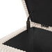 Left facing close up of the open top and hinge of a modern tufted beige pink chenille rectangular storage bench on a white background