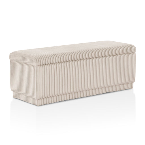 Right facing modern tufted beige pink chenille rectangular storage bench on a white background