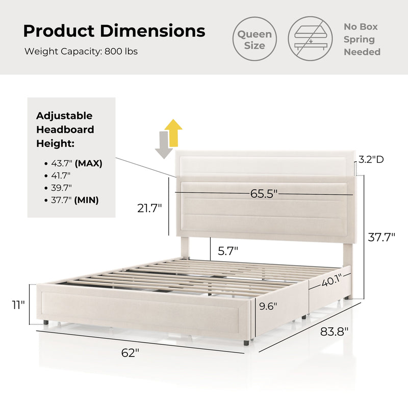 Zarvo Modern Upholstered Platform Bed with Storage Drawers