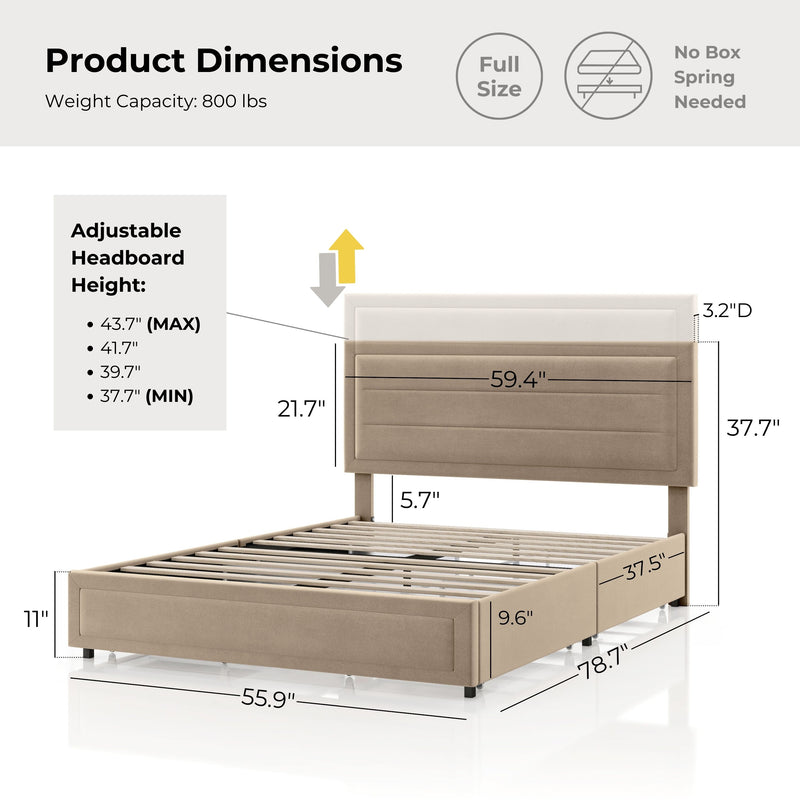 Zarvo Modern Upholstered Platform Bed with Storage Drawers
