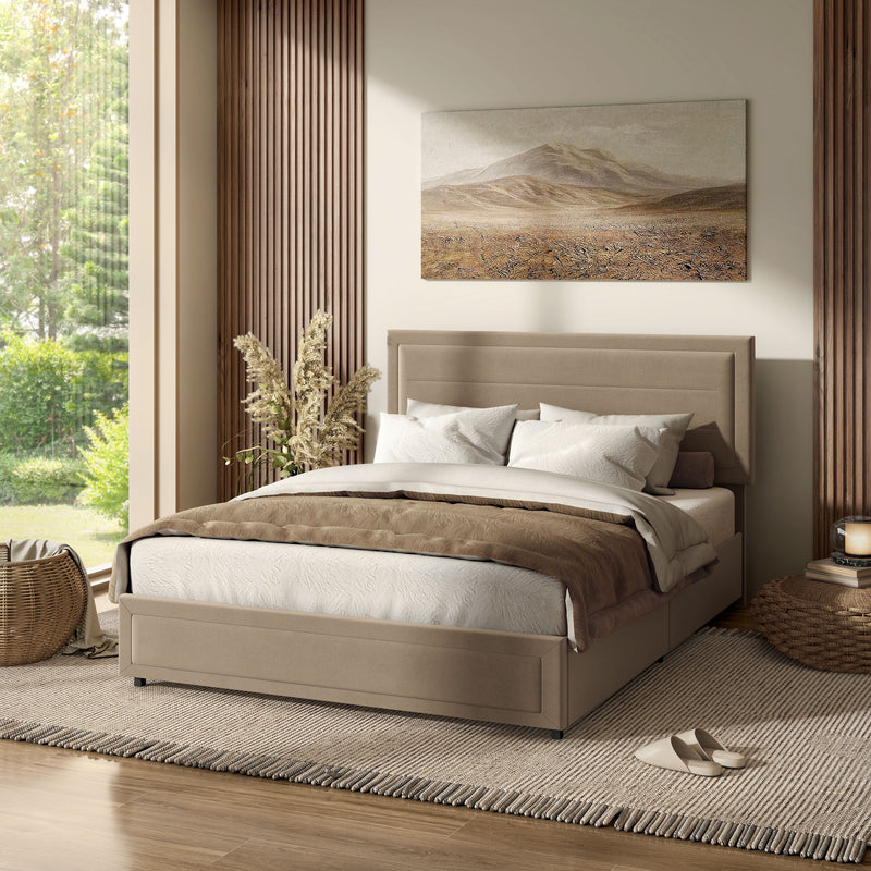 Zarvo Modern Upholstered Platform Bed with Storage Drawers