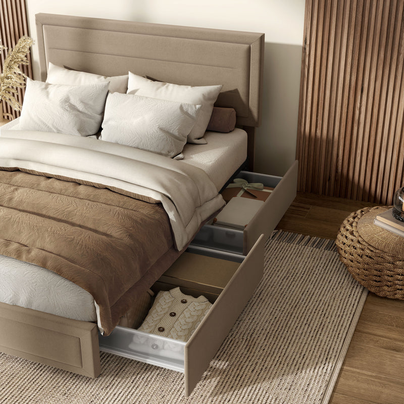 Zarvo Modern Upholstered Platform Bed with Storage Drawers