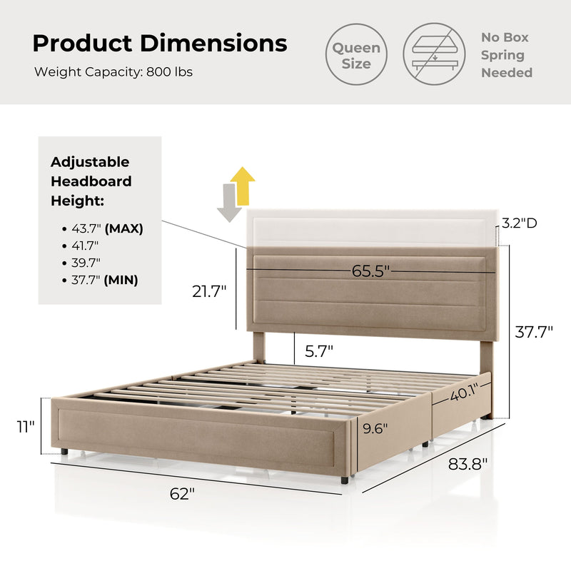 Zarvo Modern Upholstered Platform Bed with Storage Drawers