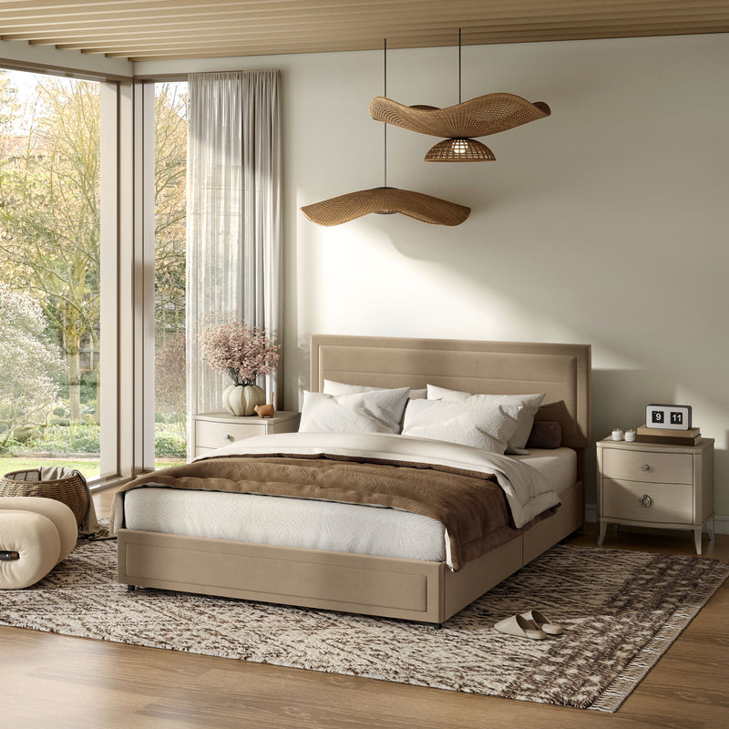 Zarvo Modern Upholstered Platform Bed with Storage Drawers