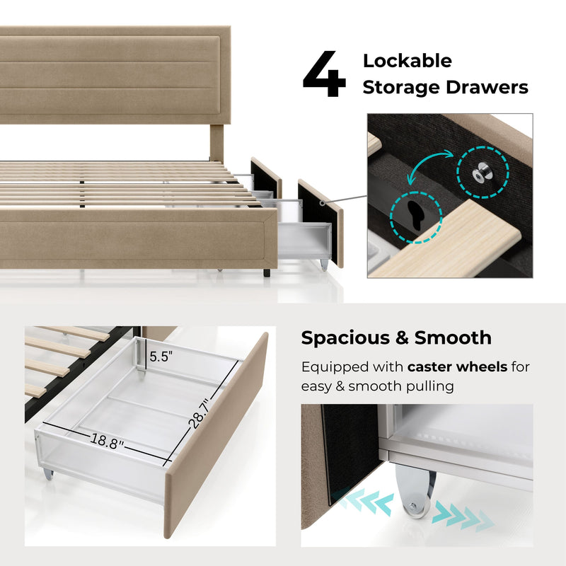 Zarvo Modern Upholstered Platform Bed with Storage Drawers