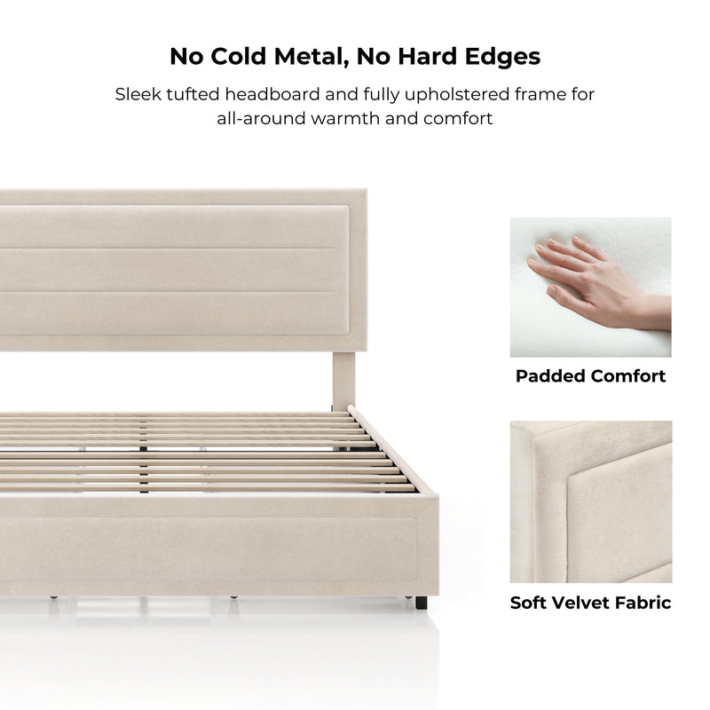 Zarvo Modern Upholstered Platform Bed with Storage Drawers