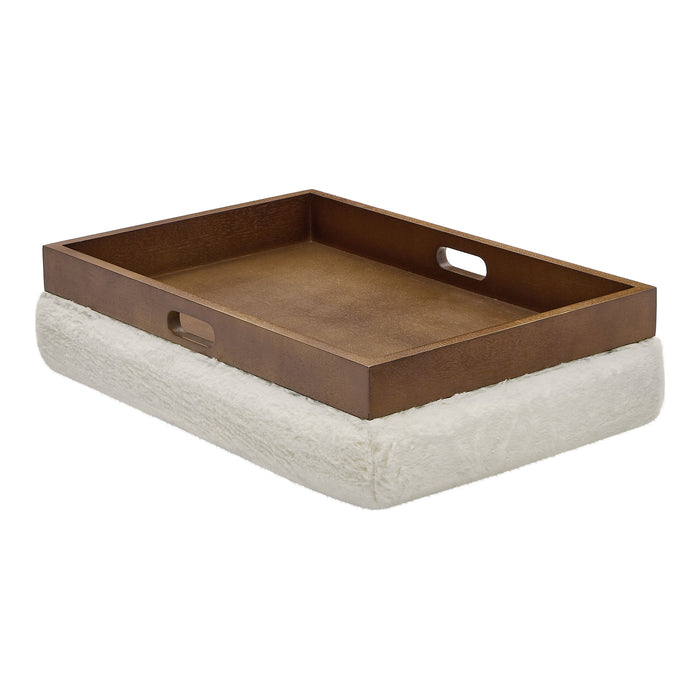 Left facing reversible tray top feature image from a modern white chenille rectangular storage ottoman with two tray tops removed on a white background
