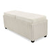 Left facing modern white chenille rectangular storage ottoman with two tray tops on a white background