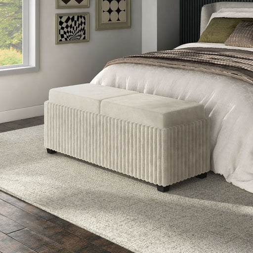 Left facing modern white chenille rectangular storage ottoman with two tray tops in a room with accessories