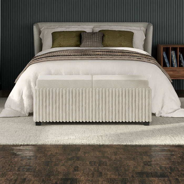 Front facing modern white chenille rectangular storage ottoman with two tray tops in a room with accessories