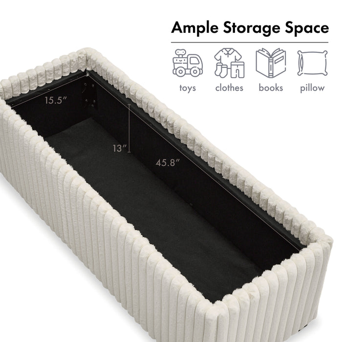 Informational image of the interior storage of a modern white chenille rectangular storage ottoman with two tray tops