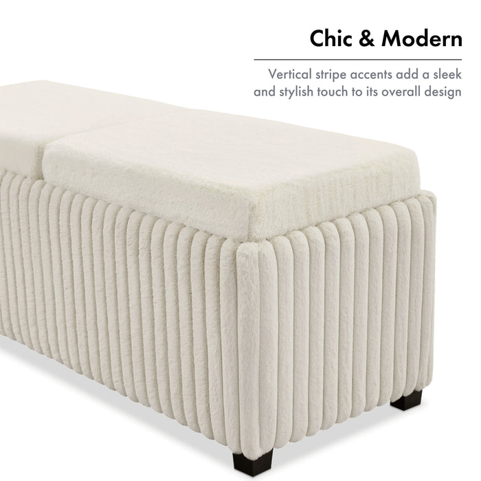 Informational image of the chic style of a modern white chenille rectangular storage ottoman with two tray tops