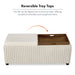 Informational image of the reversible tray tops of a modern white chenille rectangular storage ottoman with two tray tops