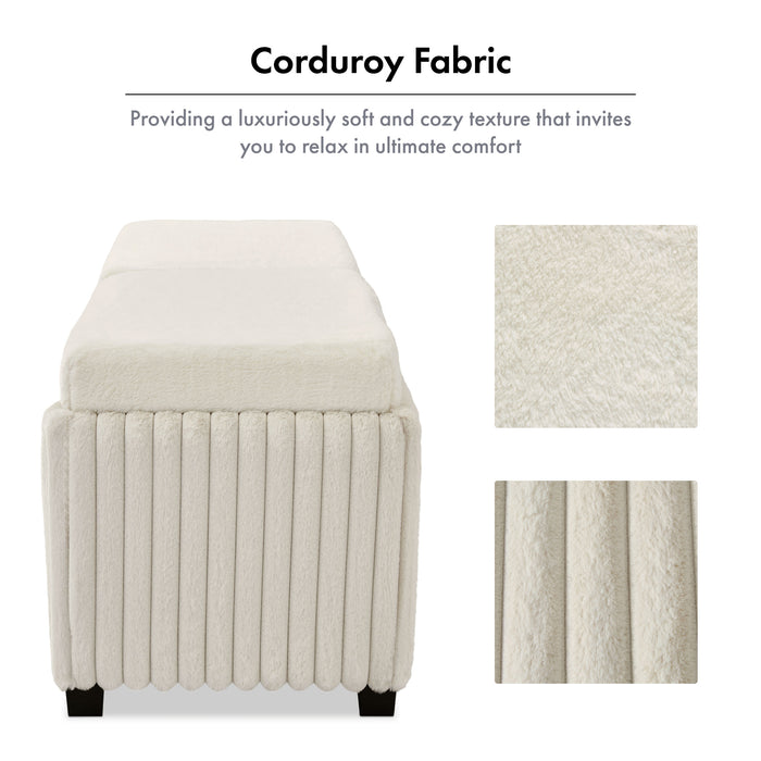 Informational image of the corduroy fabric of a modern white chenille rectangular storage ottoman with two tray tops