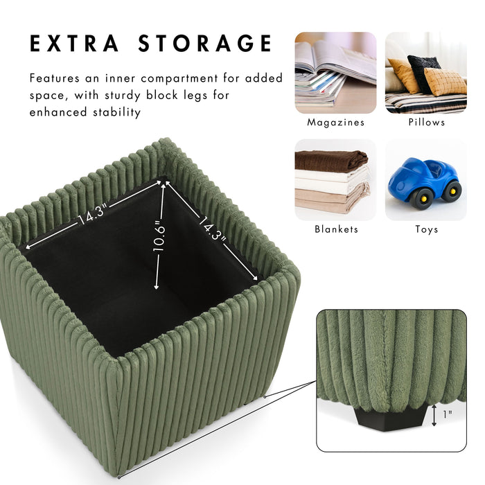 Informational image of the interior storage of a modern tufted green chenille storage ottoman with a reversible tray top