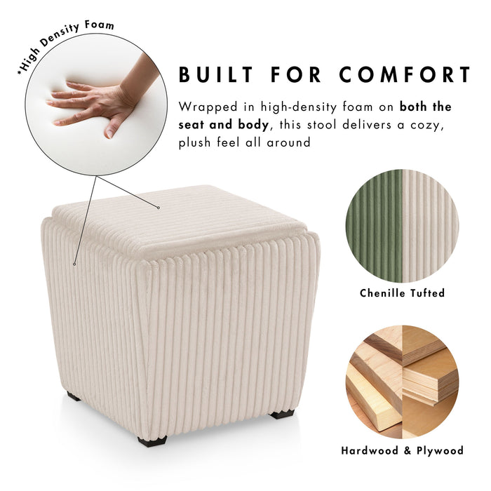 Informational image of the comfort and features of a modern tufted green chenille storage ottoman with a reversible tray top