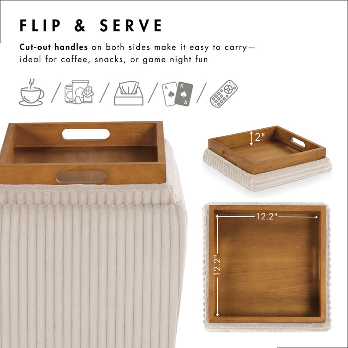 Informational image of the reversible tray top of a modern tufted green chenille storage ottoman with a reversible tray top