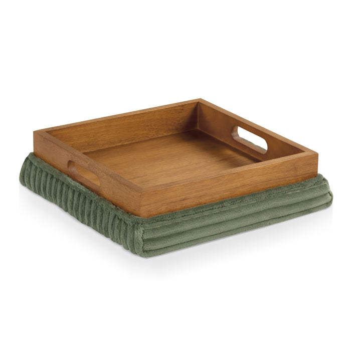 Right facing tray only of a modern tufted green chenille storage ottoman with a reversible tray top removed on a white background