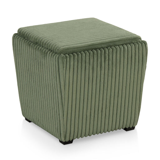 Right facing modern tufted green chenille storage ottoman with a reversible tray top on a white background
