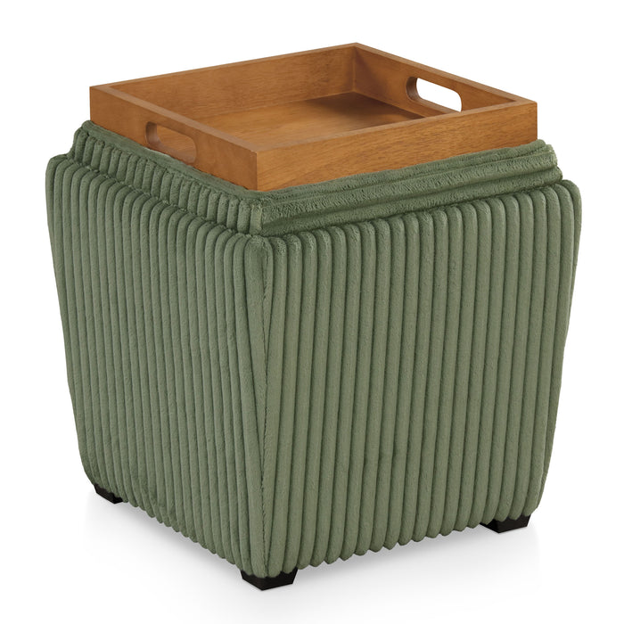 Right facing modern tufted green chenille storage ottoman with a reversible tray top on a white background