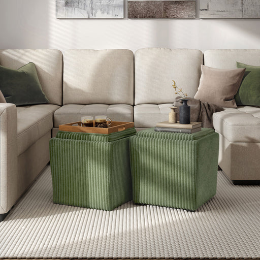Left facing modern tufted green chenille storage ottoman with a reversible tray top in a room with accessories