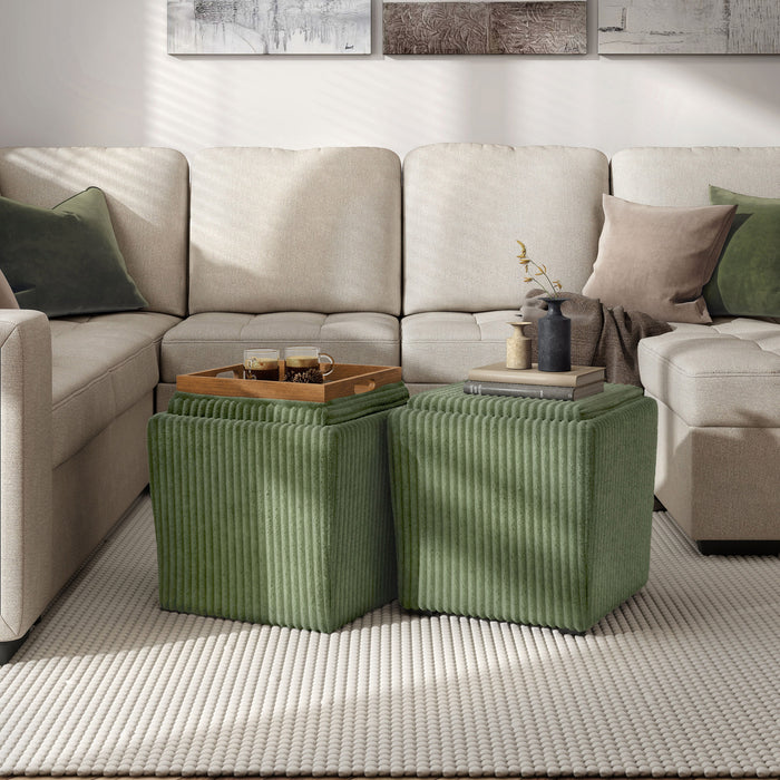 Left facing modern tufted green chenille storage ottoman with a reversible tray top in a room with accessories