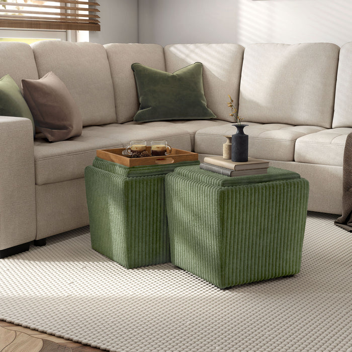 Left facing modern tufted green chenille storage ottoman with a reversible tray top in a room with accessories