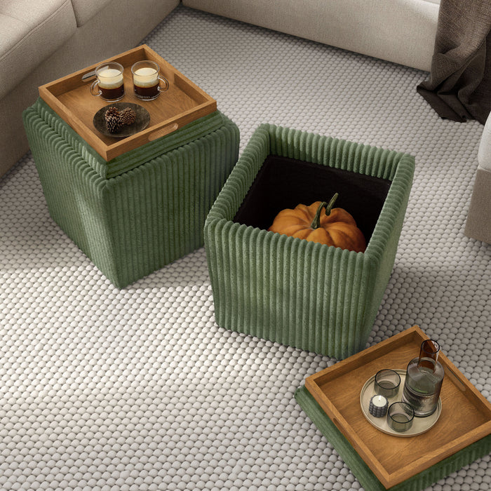 Left facing bird's eye view of a modern tufted green chenille storage ottoman with a reversible tray top in a room with accessories