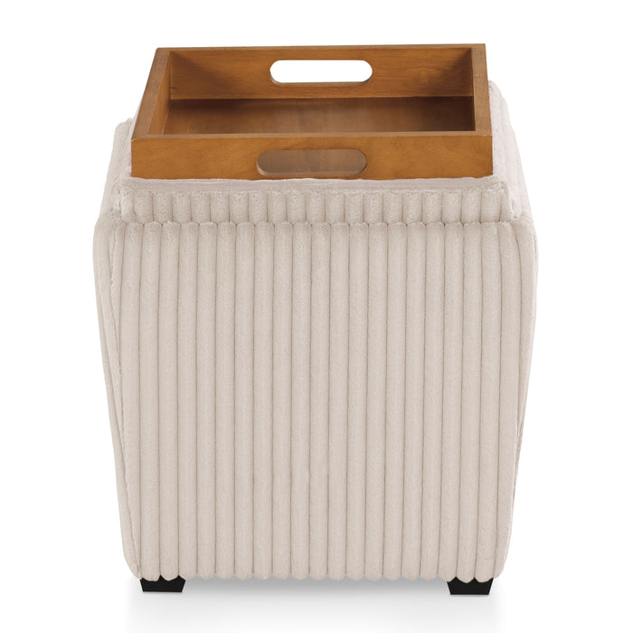 Front facing modern tufted beige pink chenille storage ottoman with a reversible tray top on a white background