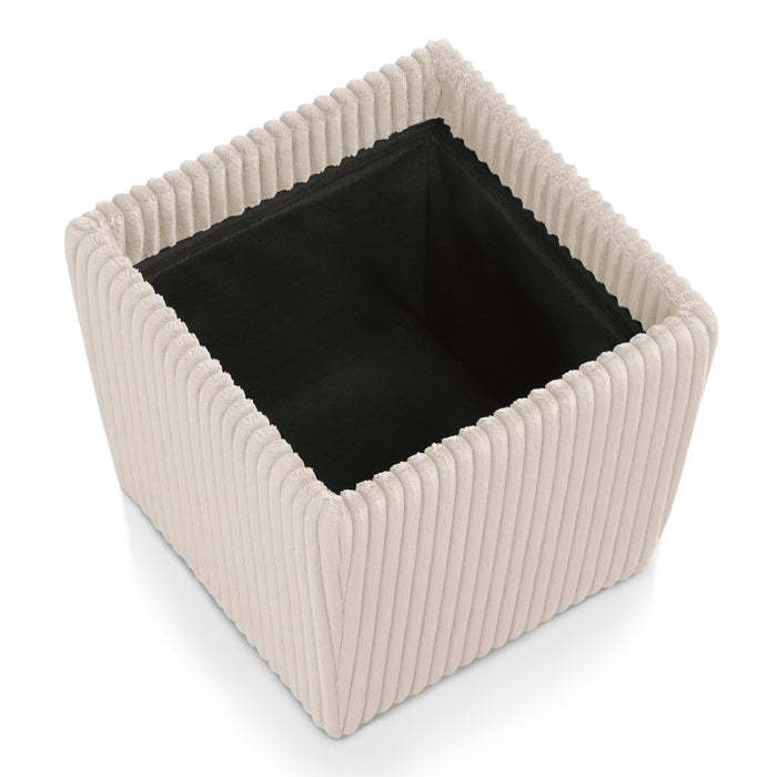 Right facing modern tufted beige pink chenille storage ottoman with a reversible tray top removed on a white background