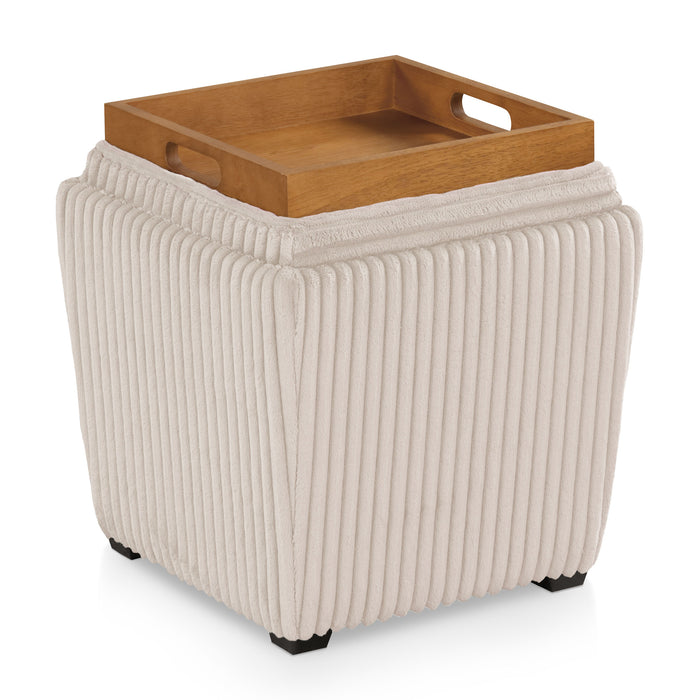 Right facing modern tufted beige pink chenille storage ottoman with a reversible tray top on a white background