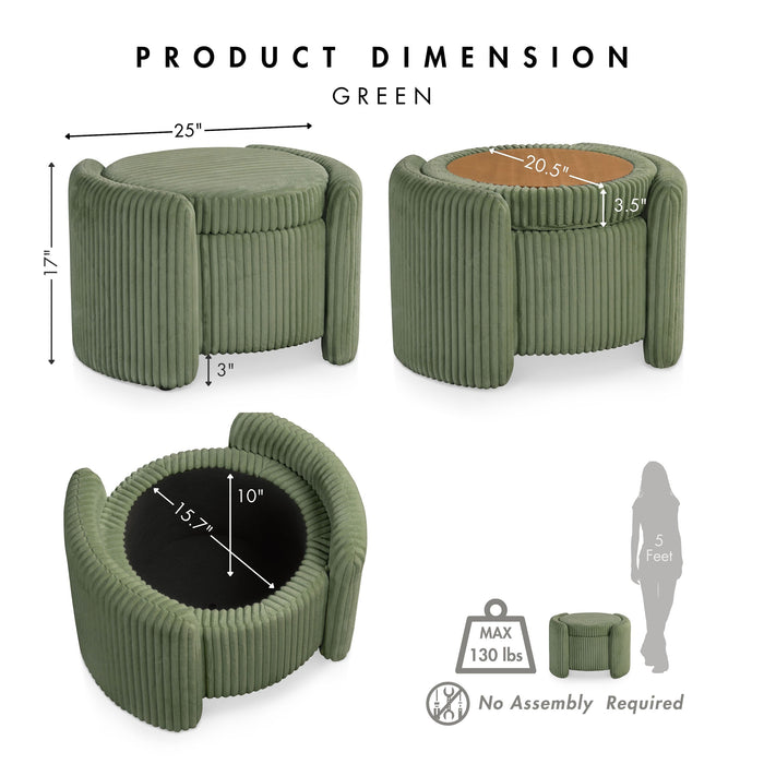 Informational image of the dimensions of a modern tufted green chenille round storage ottoman with a flip top