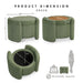 Informational image of the dimensions of a modern tufted green chenille round storage ottoman with a flip top