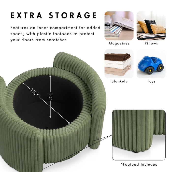 Informational image of the interior storage of a modern tufted green chenille round storage ottoman with a flip top