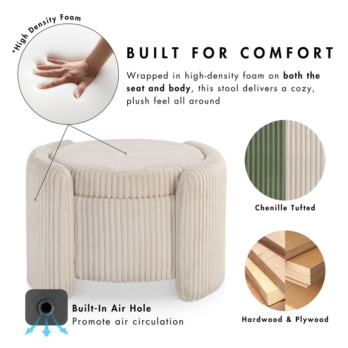 Informational image of the comfort of a modern tufted green chenille round storage ottoman with a flip top