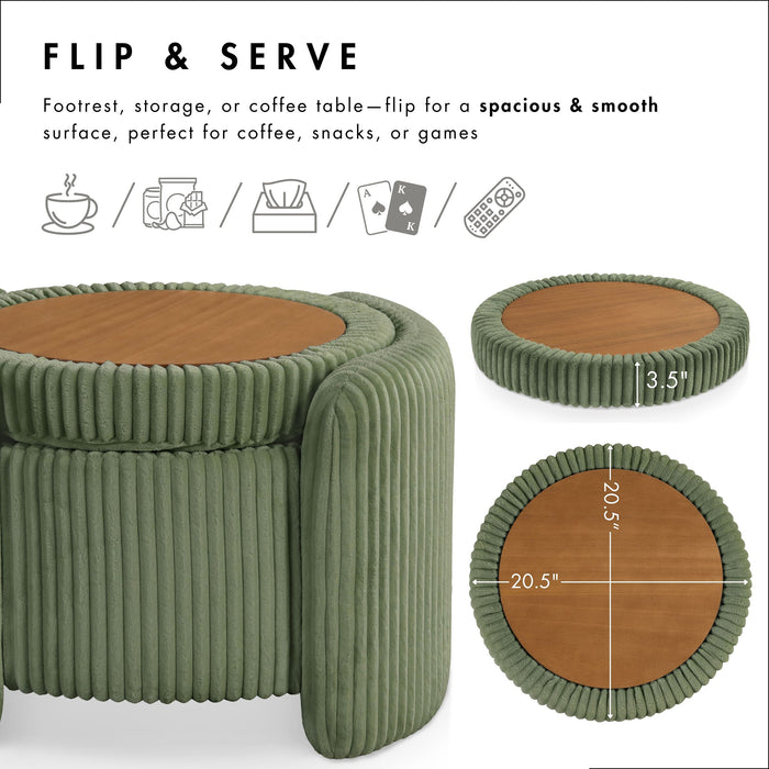 Informational image of the reversible top of a modern tufted green chenille round storage ottoman with a flip top