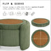 Informational image of the reversible top of a modern tufted green chenille round storage ottoman with a flip top