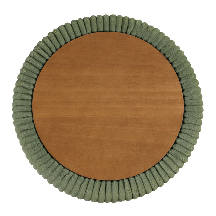Top view of a modern tufted green chenille round storage ottoman with a flip top on a white background