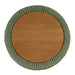 Top view of a modern tufted green chenille round storage ottoman with a flip top on a white background