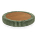 Top only view of a modern tufted green chenille round storage ottoman with a flip top on a white background