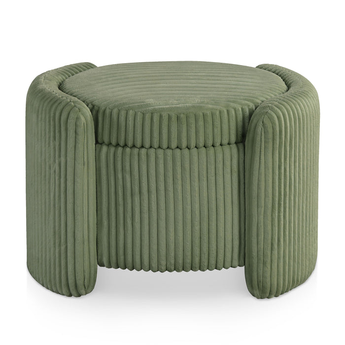 Front facing modern tufted green chenille round storage ottoman with a flip top on a white background